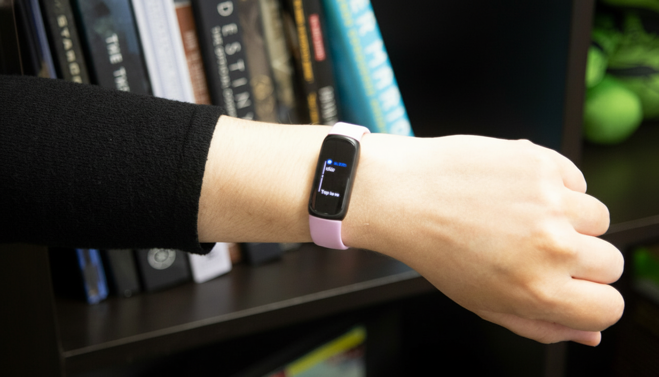 A person's arm wearing a pink fitness tracker, with a bookshelf in the background.