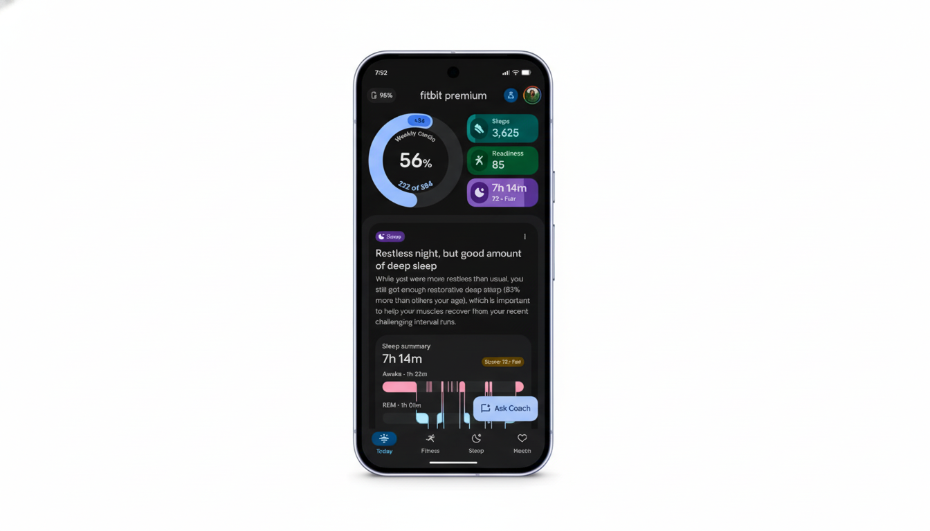 A smartphone displaying the Fitbit Premium app interface, showing sleep and activity metrics.