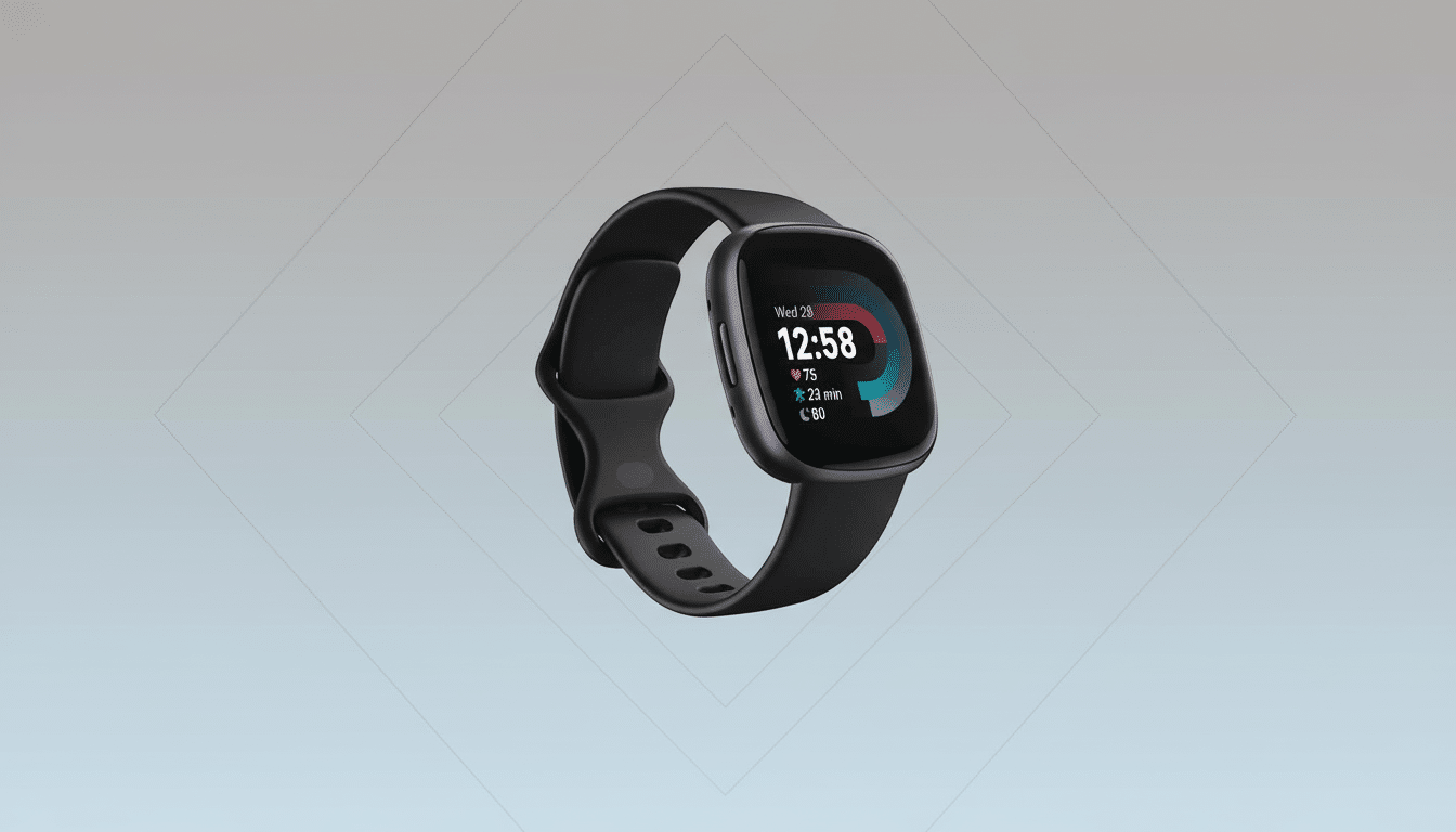 A black Fitbit Sense 2 smartwatch is displayed on a professional background with soft grey and blue gradients and subtle geometric patterns. The watch