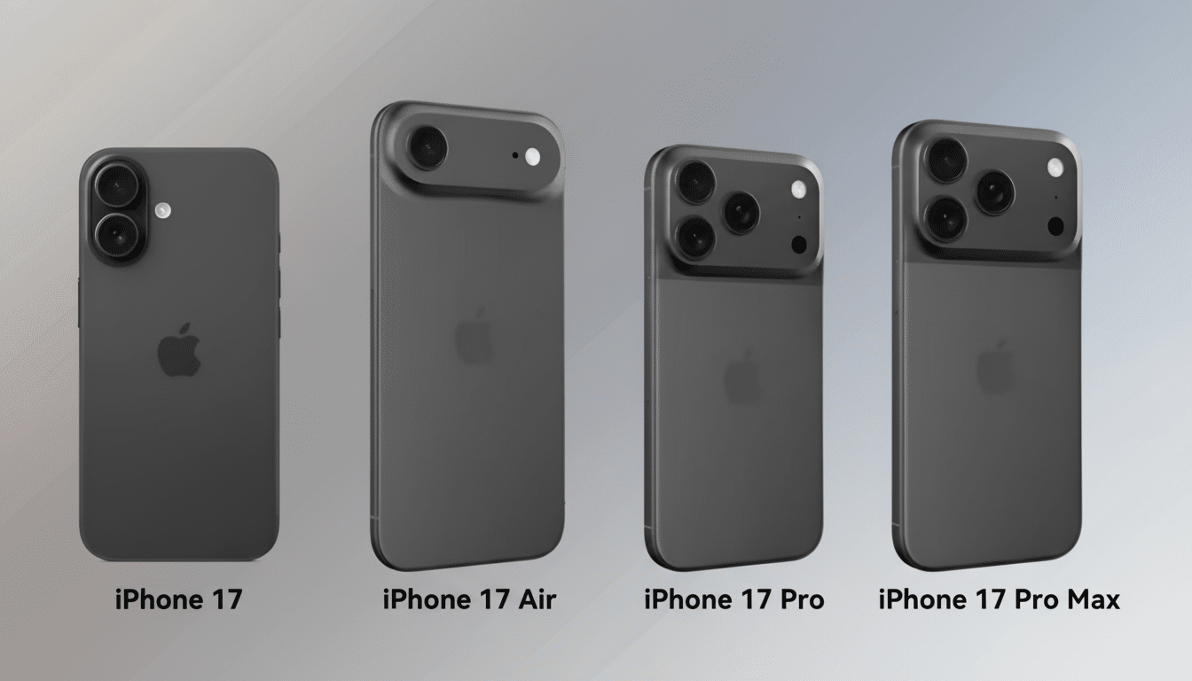 Four dark gray mock-up iPhone 17 models, including the iPhone 17, iPhone 17 Air, iPhone 17 Pro, and iPhone 1 7 Pro Max, displayed against a subtle gra