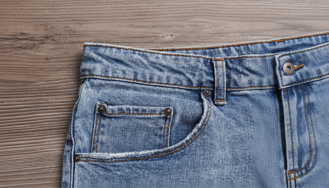 Close -up of blue denim jeans pocket and waistband on a wooden surface. Filename : blueden imjeans pocket. png