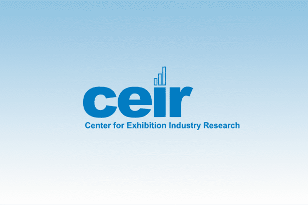 The CEIR ( Center for Exhibition Industry Research) logo, featuring the word ce ir in bold blue lowercase letters with a bar chart graphic above the i , and the full name Center for Exhibition Industry Research below , all set against a professional blue gradient background.