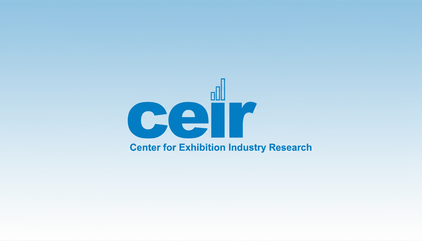 The CEIR ( Center for Exhibition Industry Research) logo, featuring the word ce ir in bold blue lowercase letters with a bar chart graphic above the i , and the full name Center for Exhibition Industry Research below , all set against a professional blue gradient background.