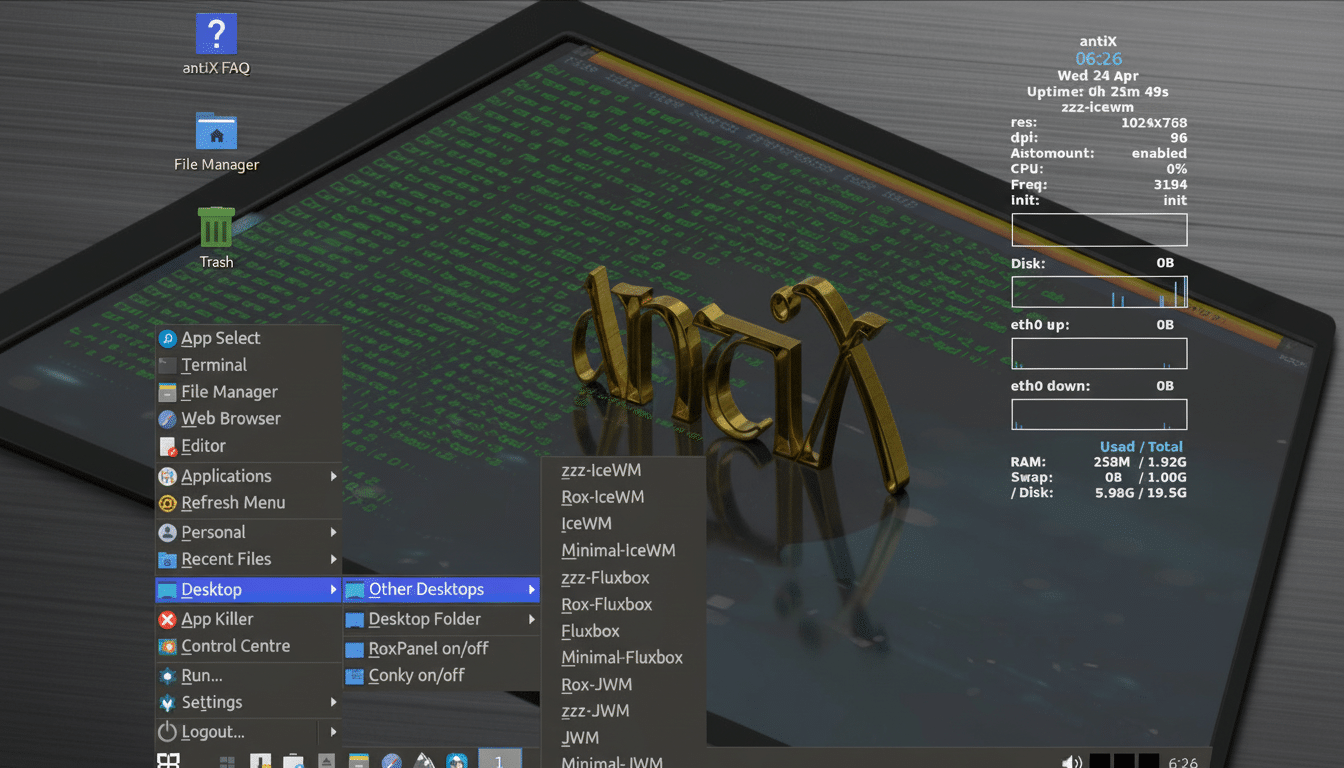 Screenshot of an anti X Linux desktop environment with a dark theme, showing an open main menu with Other Desktops highlighted, and a golden dmax logo