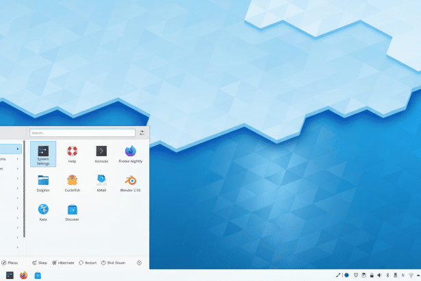 A professional desktop interface with a blue and white abstract background, featuring an open application launcher displaying various icons and categories .