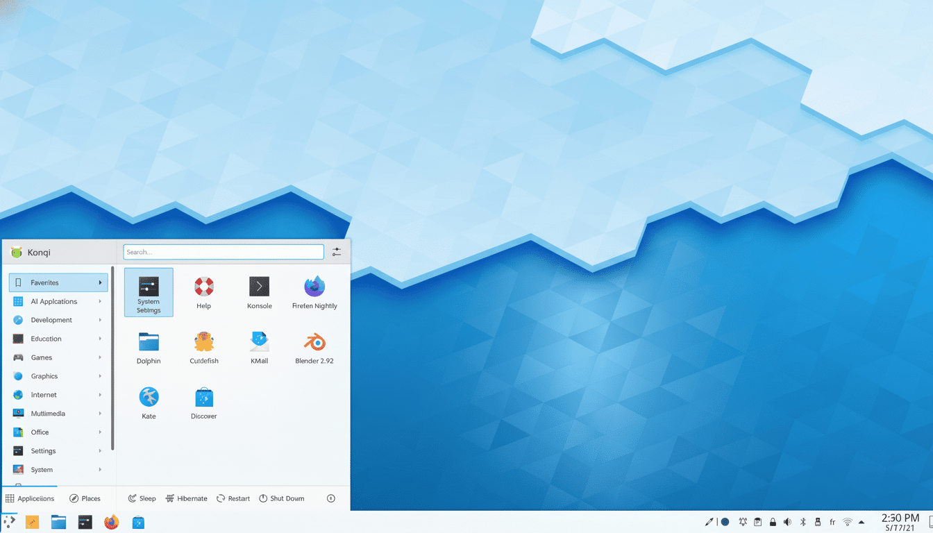 A professional desktop interface with a blue and white abstract background, featuring an open application launcher displaying various icons and categories .
