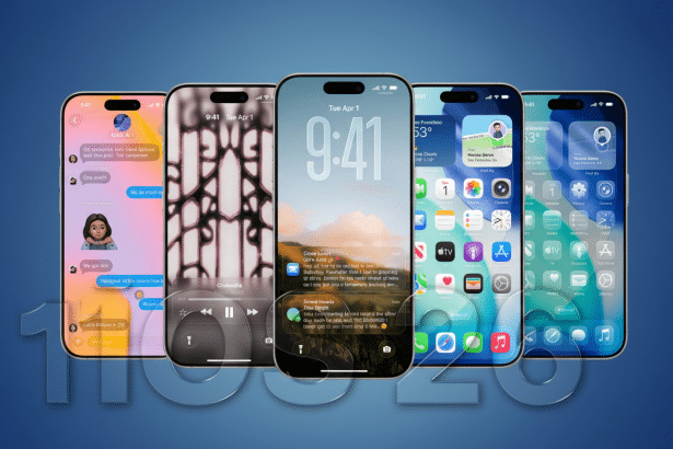 Five iPhones displayed in a row, showcasing different screens and interfaces , set against a subtle blue gradient background. Filename : fiveiph onesdisplay blue gradient.png