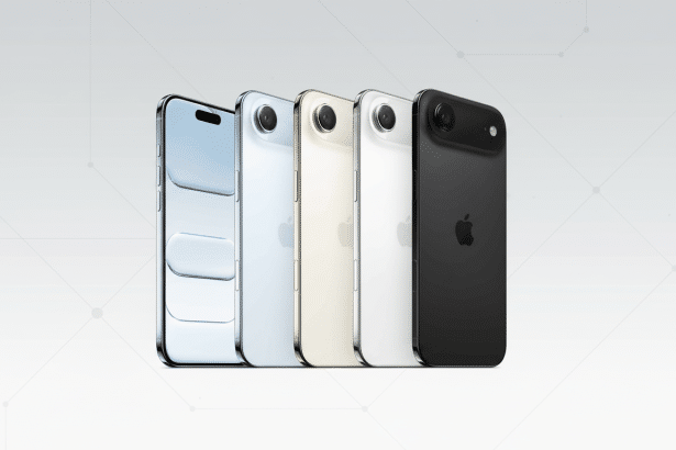 Five iPhones in various colors ( silver, light blue, gold, white, and black) lined up, presented against a professional flat gray background with subt