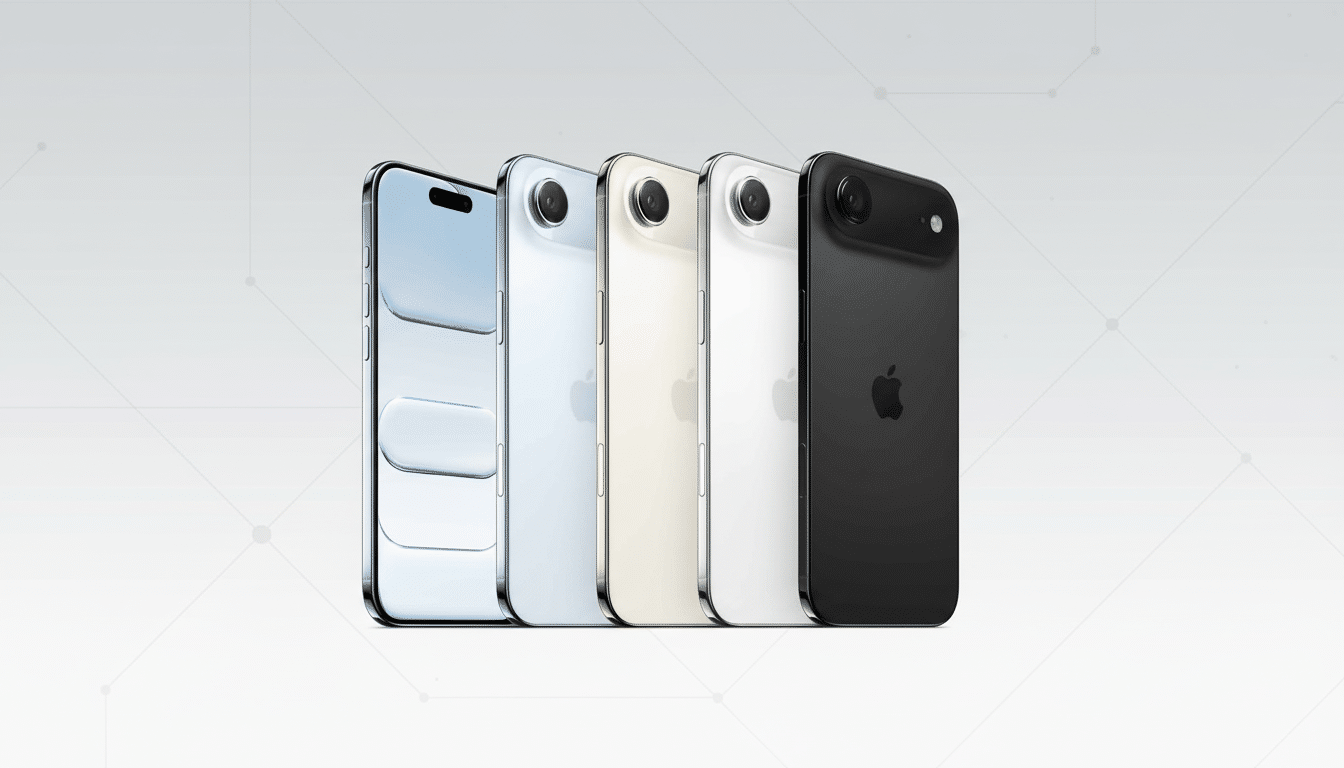 Five iPhones in various colors ( silver, light blue, gold, white, and black) lined up, presented against a professional flat gray background with subt