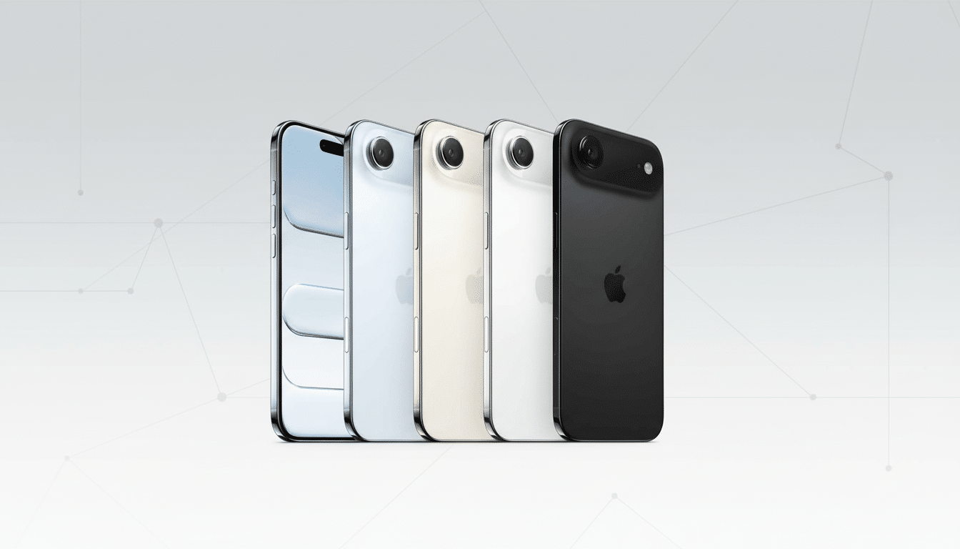 Five iPhones in various colors, including black, white, gold, and light blue, are displayed in a line with a new professional gray background that has