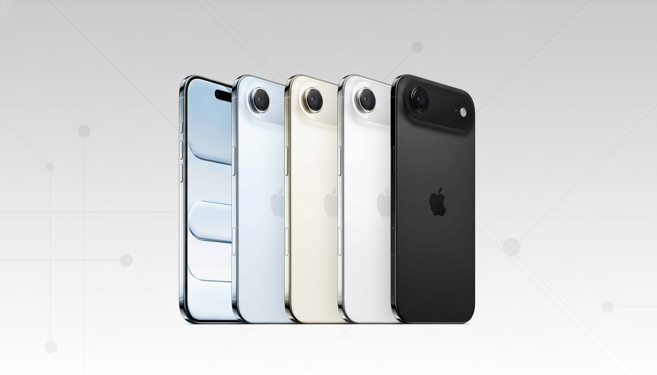 Five iPhones in various colors ( blue, light blue, gold , white, and black) are displayed side-by- side at an angle on a professional flat gray background with subtle geometric patterns. Filename : fiveiph onesprofessional display.png