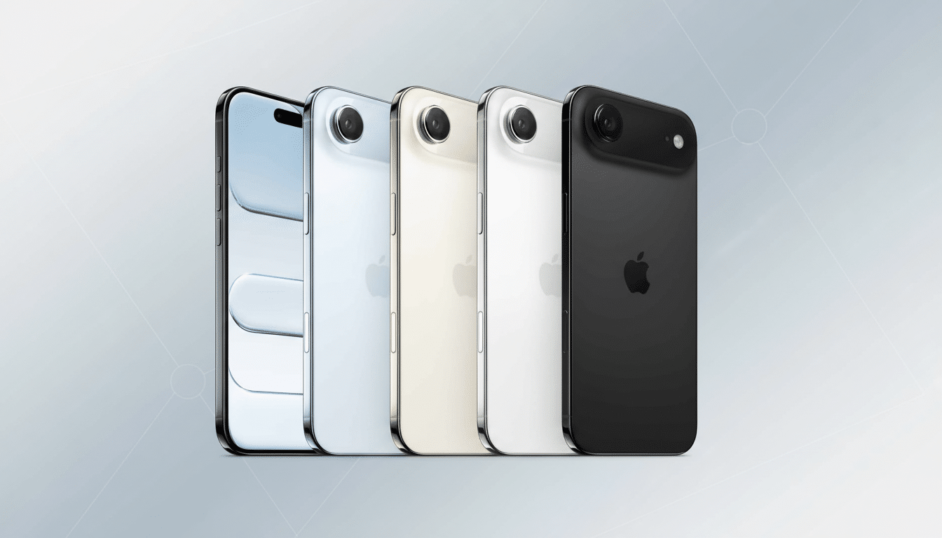 Five iPhones in various colors ( silver, light blue, gold , white, and black) are displayed side-by- side on a light gray background with subtle geometric patterns , resized to a 1 6:9 aspect ratio. Filename : fiveiph onesprofessional display .png