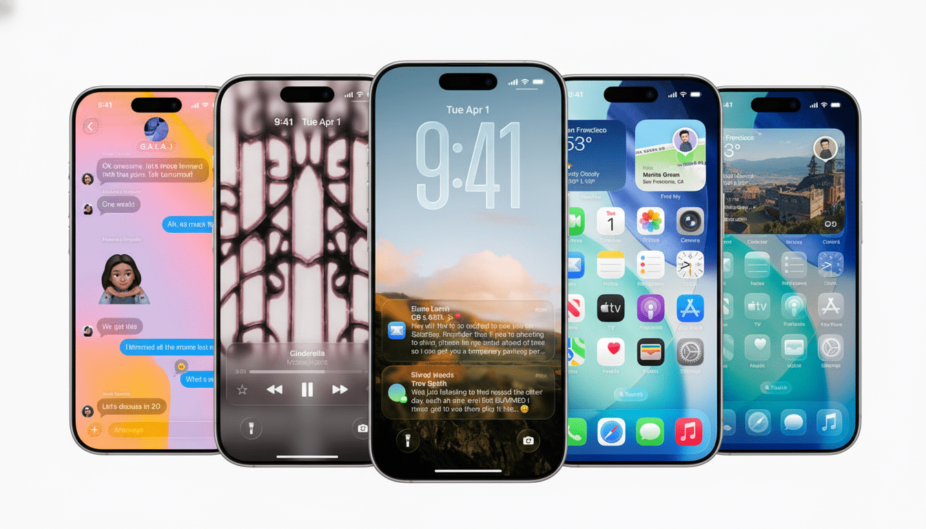 Five iPhones displayed in a row, showcasing different screens and interfaces. The leftmost phone shows a messaging app, the second an album cover with