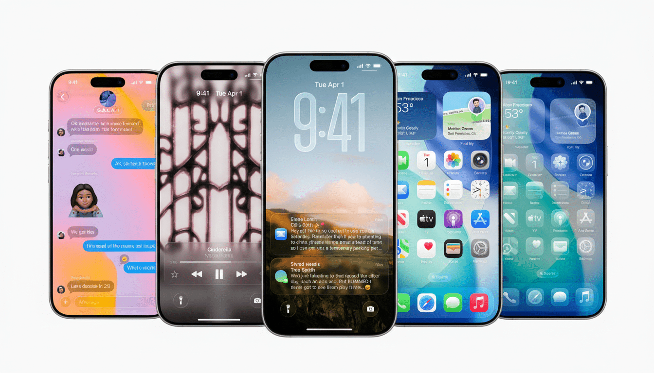 Five iPhone 14 Pro smartphones are displayed against a white background, showcasing various app interfaces and home screens.