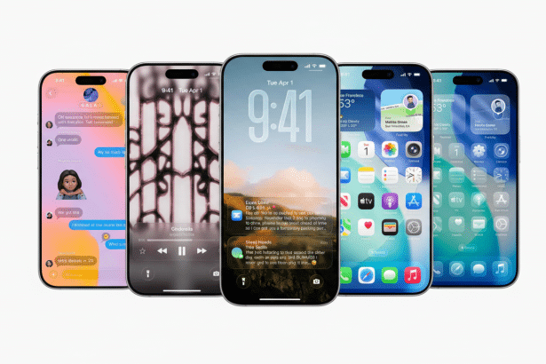 Five iPhones displayed in a row, showcasing different screens and interfaces. The phones are slightly angled on a clean white background.