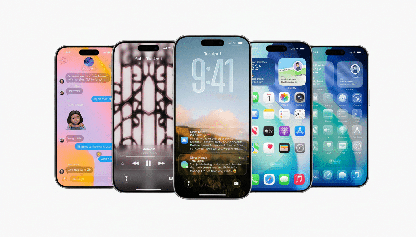 Five iPhones displayed in a row, showcasing different screens and interfaces. The phones are slightly angled on a clean white background.
