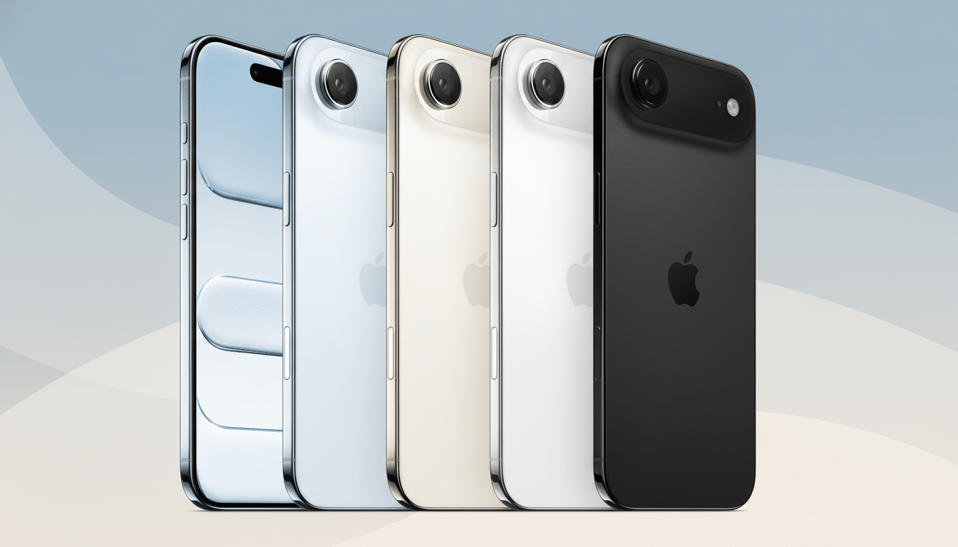 Five iPhones in various colors ( blue, silver, gold, white, and black) are professionally arranged on a light background with subtle, soft wave patterns, showcasing their sleek design and camera details .
