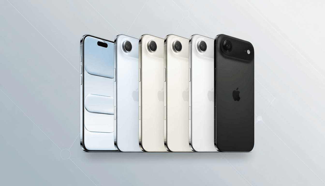 Five iPhones in various colors ( silver, light blue, cream, white, black ) are aligned horizontally, showcasing their sleek design and camera lenses.