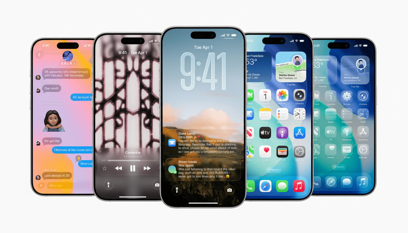 Five iPhones displayed in a row, showcasing different screens and interfaces . The phones are slightly angled, with the middle phone being the most prominent.