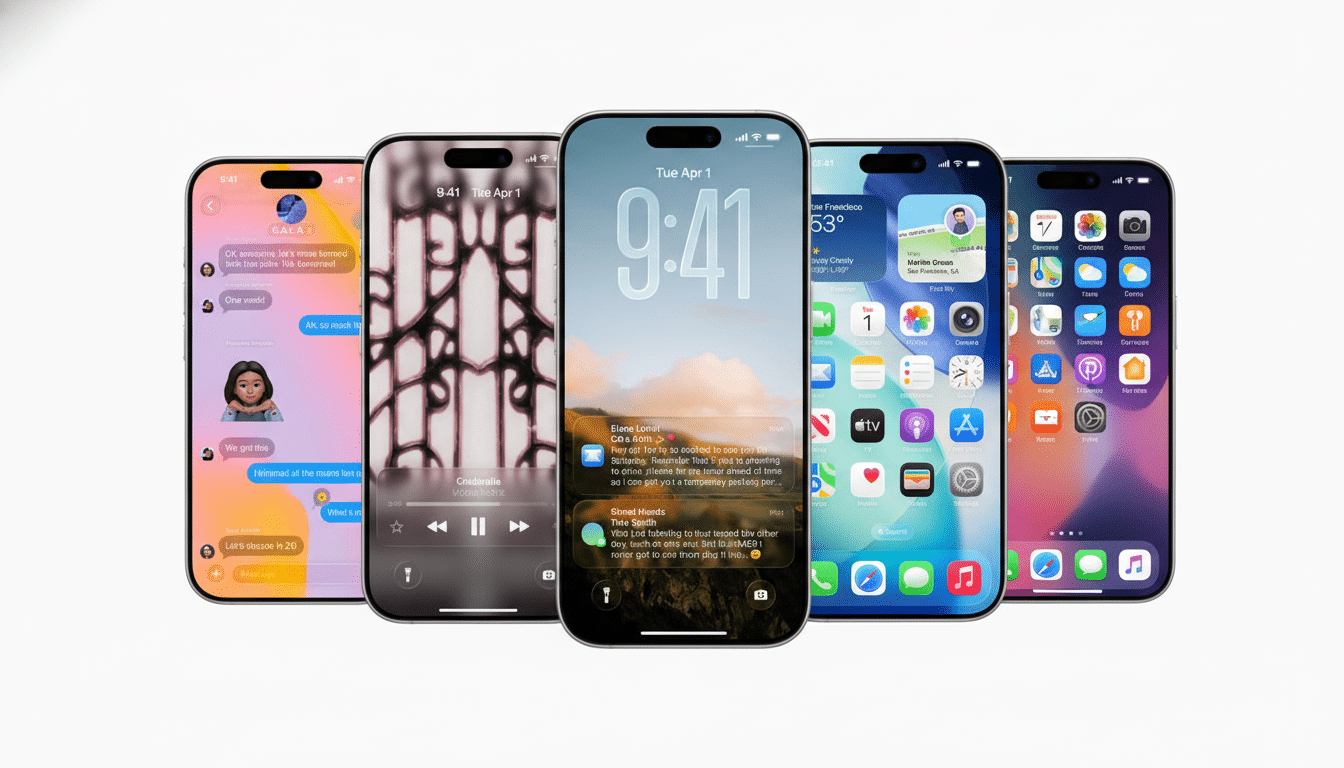 Five iPhones displayed in a row, showcasing different screens and apps . The phones are set against a professional white background with a subtle gradient, ensuring the focus remains on the devices and their interfaces .