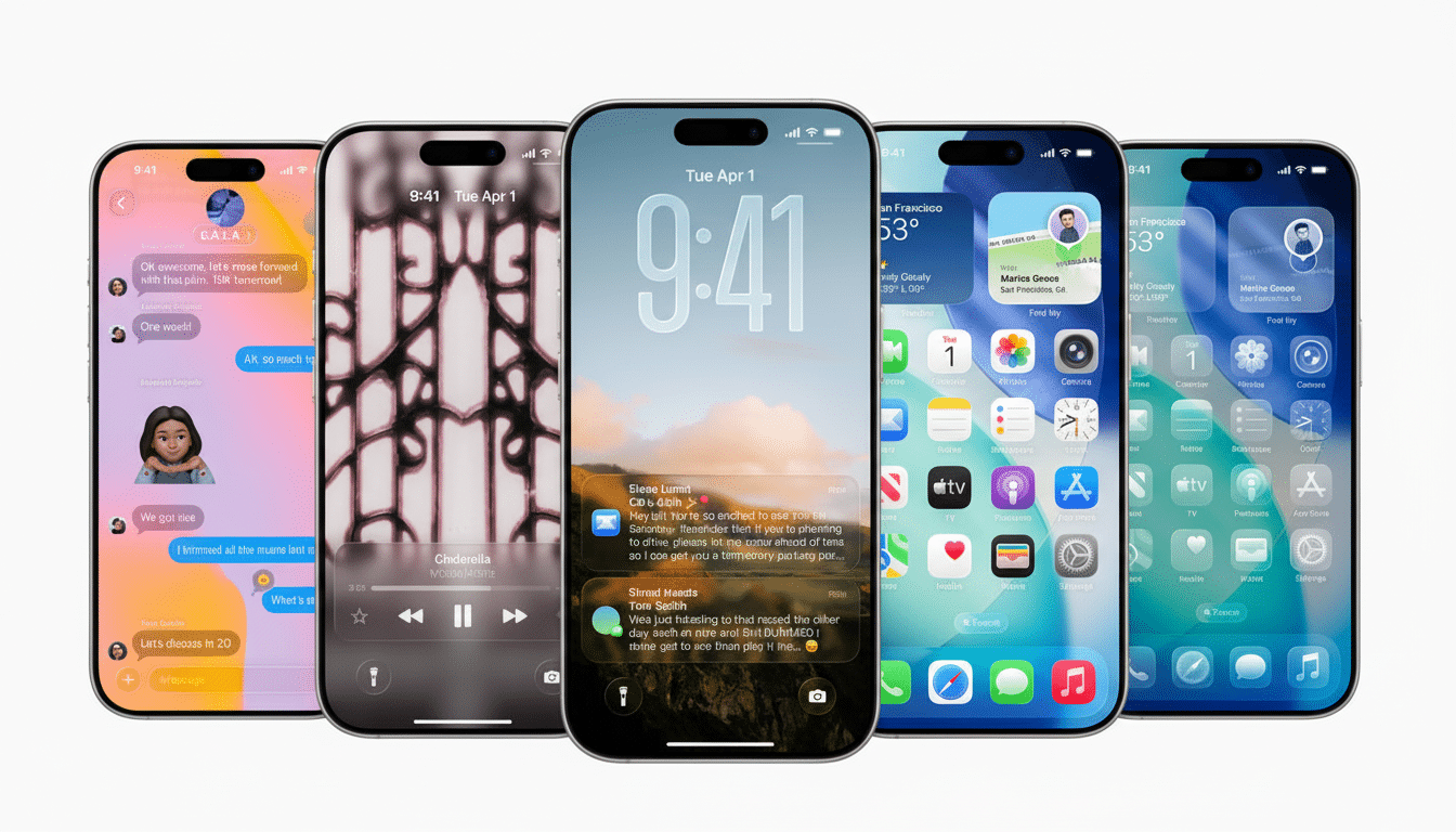 Five iPhones displayed in a row, showcasing different screens and interfaces . The leftmost phone shows a messaging app with colorful chat bubbles and a profile picture of a person. The second phone displays a music player interface . The middle phone shows a lock screen with notifications over a landscape wallpaper . The fourth phone shows a home screen with various app icons and widgets . The rightmost phone shows another home screen with different app icons.