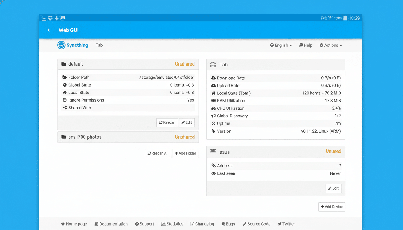 Screenshot of the Syncthing web GUI interface displaying folder and device information.
