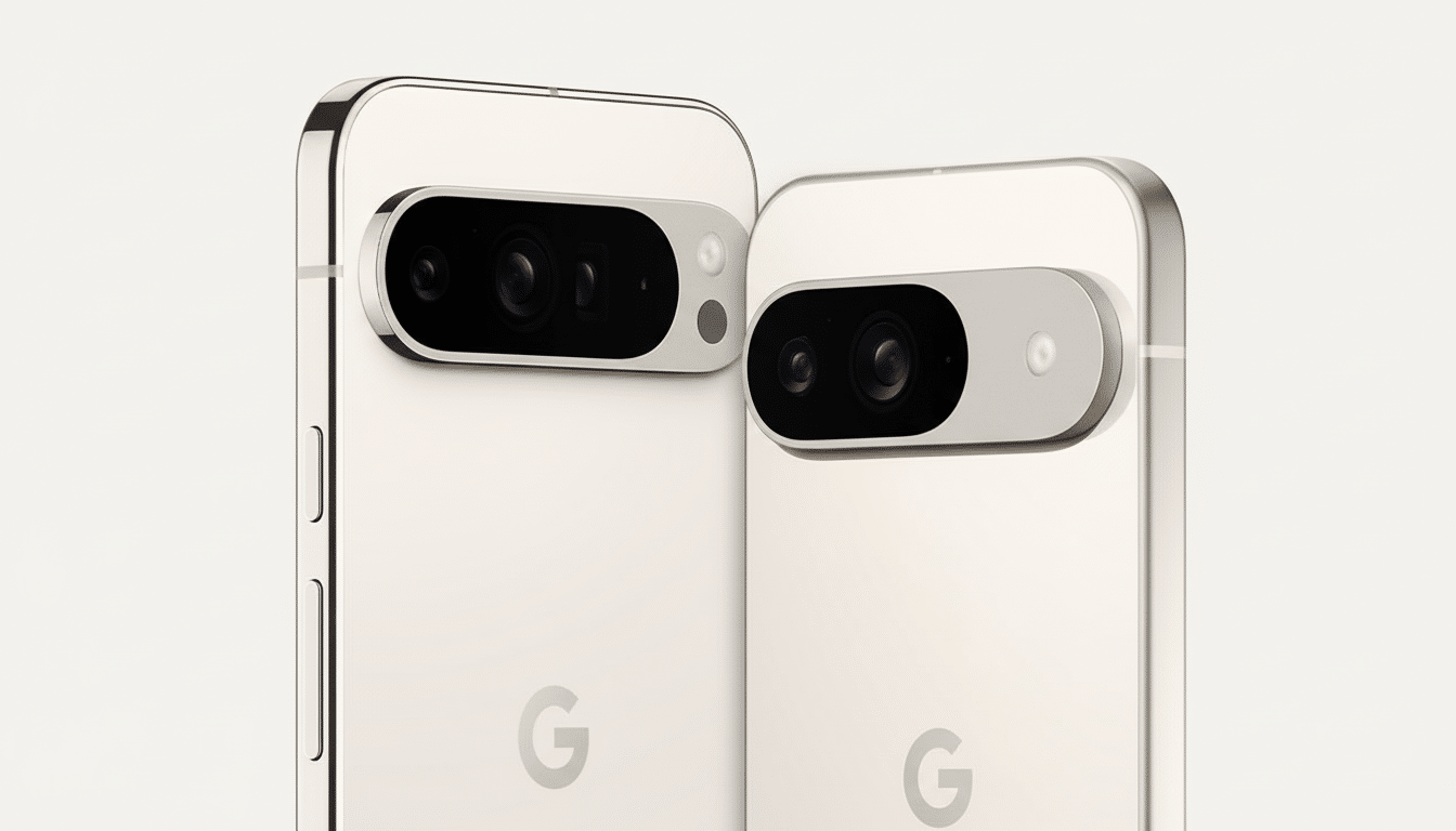alt  text= Two Google Pixel phones in a subtle off -white color , seen from the back. The larger p