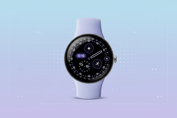 A Google Pixel Watch with a light purple band and a black watch face displaying various icons and numbers , set against a professional soft gradient background.