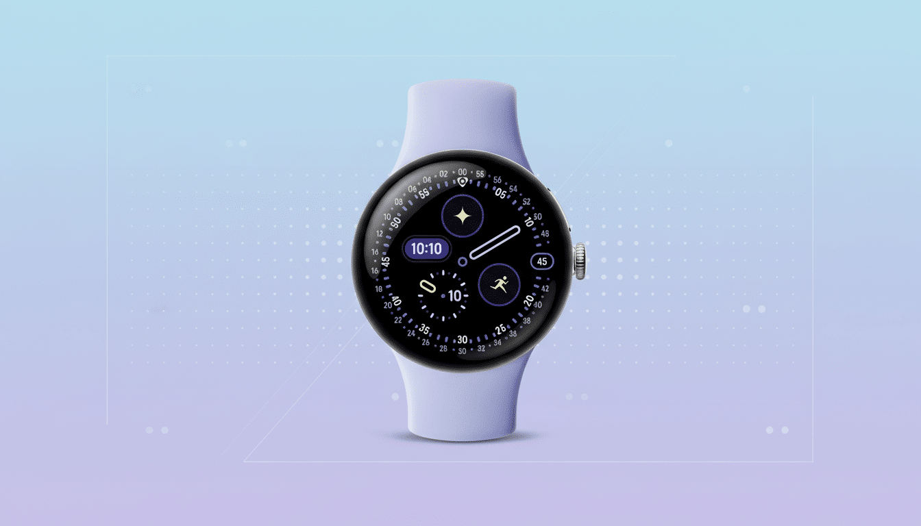 A Google Pixel Watch with a light purple band and a black watch face displaying various icons and numbers , set against a professional soft gradient background.