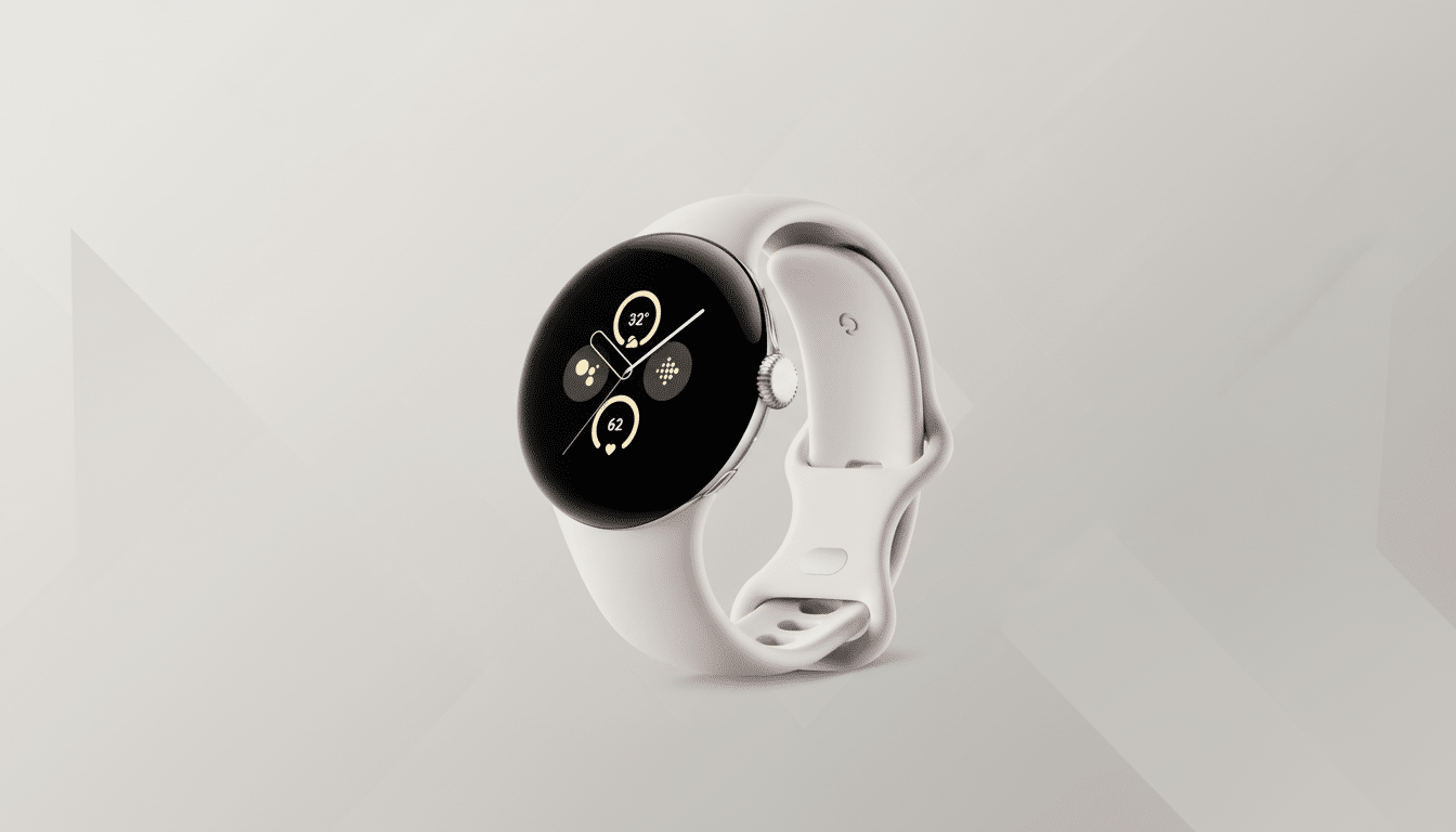 A white Pixel Watch with a light gray professional background. Filename : white pixelwatch professional. png