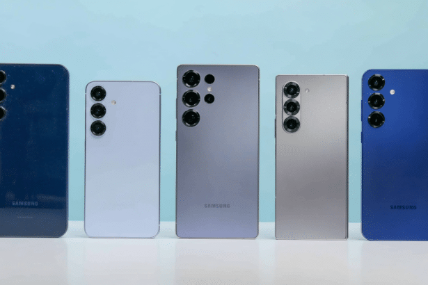 Five Samsung smartphones in various colors ( dark blue, light purple , dark purple, silver, and blue) are displayed side-by- side against a light blue and white background.