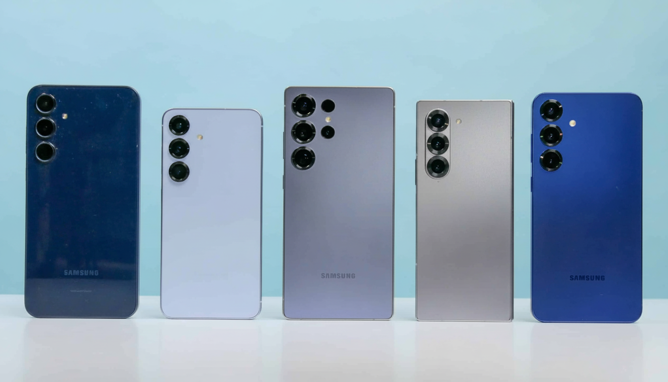 Five Samsung smartphones in various colors ( dark blue, light purple , dark purple, silver, and blue) are displayed side-by- side against a light blue and white background.