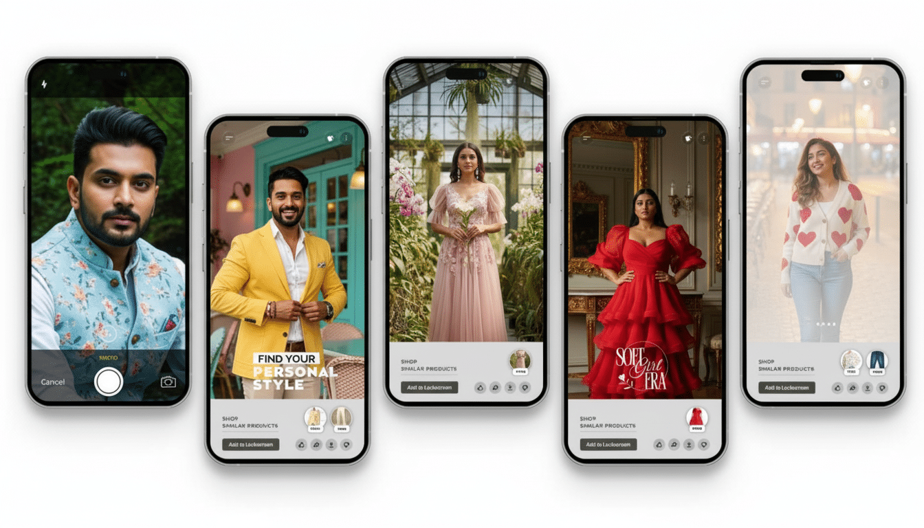A professional display of five smartphones, each showing a different fashion- related social media interface . The first phone shows a man in a patterned vest , the second a man in a yellow blazer with text FIND YOUR PERSONAL STYLE , the third a woman in a pink dress in a garden setting, the fourth a woman in a red layered gown with SOFT GIRL ERA text , and the fifth a woman in a heart-pattern ed sweater walking down a street at night with Holiday in Style text .