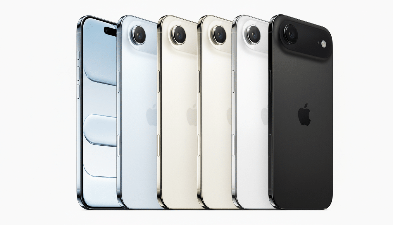 Five smartphones of various colors ( blue, silver, gold, white, and black) displayed upright on a white background, showcasing their backs and sides.