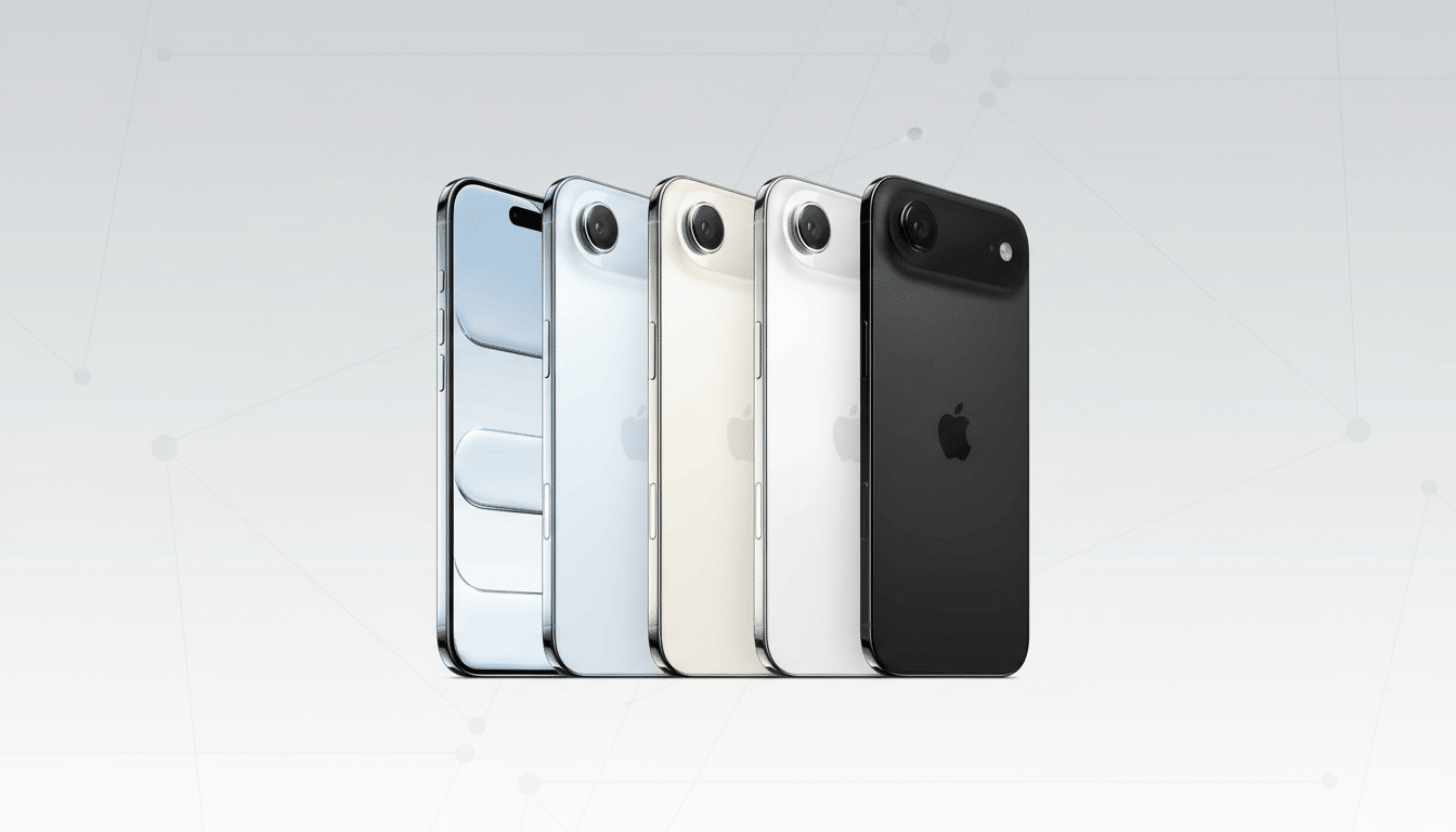 Five smartphones in various colors ( blue, light blue, gold, white, and black) arranged diagonally on a professional light gray background with subtle
