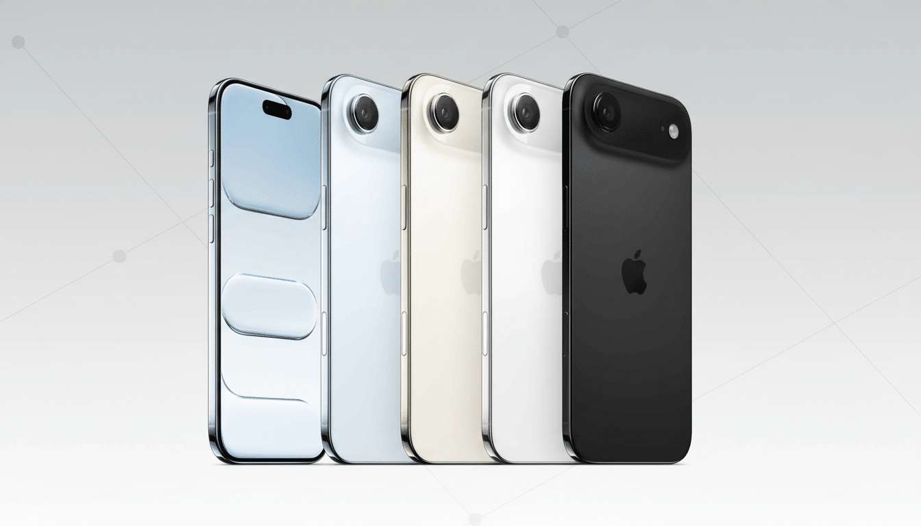 Five smartphones in various colors (blue, silver, gold, white, and black) are arranged in a line against a professional gray background with subtle ge