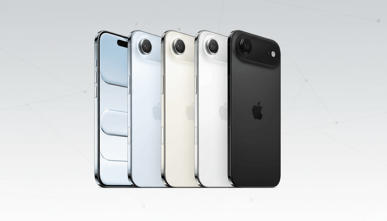 Five smartphones in various colors ( blue, white, gold, silver, and black) are arranged in a diagonal line on a gradient gray background with a subtle