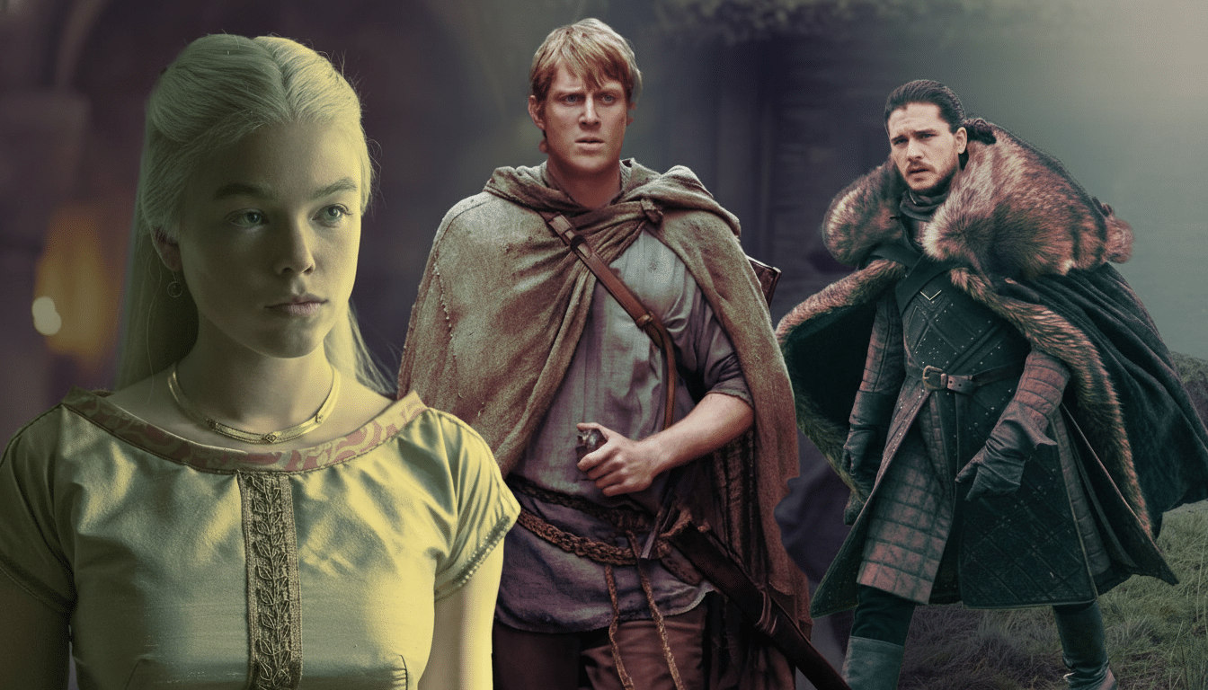 Three fantasy characters are shown: a blonde woman in a gold dress on the left, a man in a brown cloak in the center , and a man in a fur -trimmed coat on the right , all against a blurred, moody background.