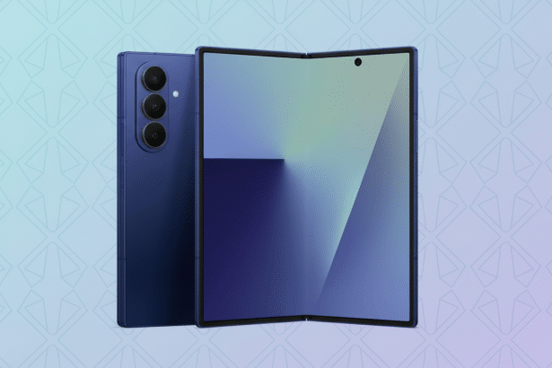 A blue foldable smartphone with a triple camera array on the back, displayed at a 16 :9 aspect ratio . The screen shows a blue and green gradient. The background features a subtle geometric pattern in light blue and purple .