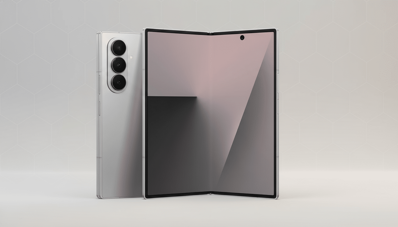 A silver foldable smartphone is displayed , with one half showing its three rear cameras and the other half unfolded to reveal a dark screen with a subtle gradient , against a neutral background with a subtle geometric pattern. Filename : foldablesmartphone display . png