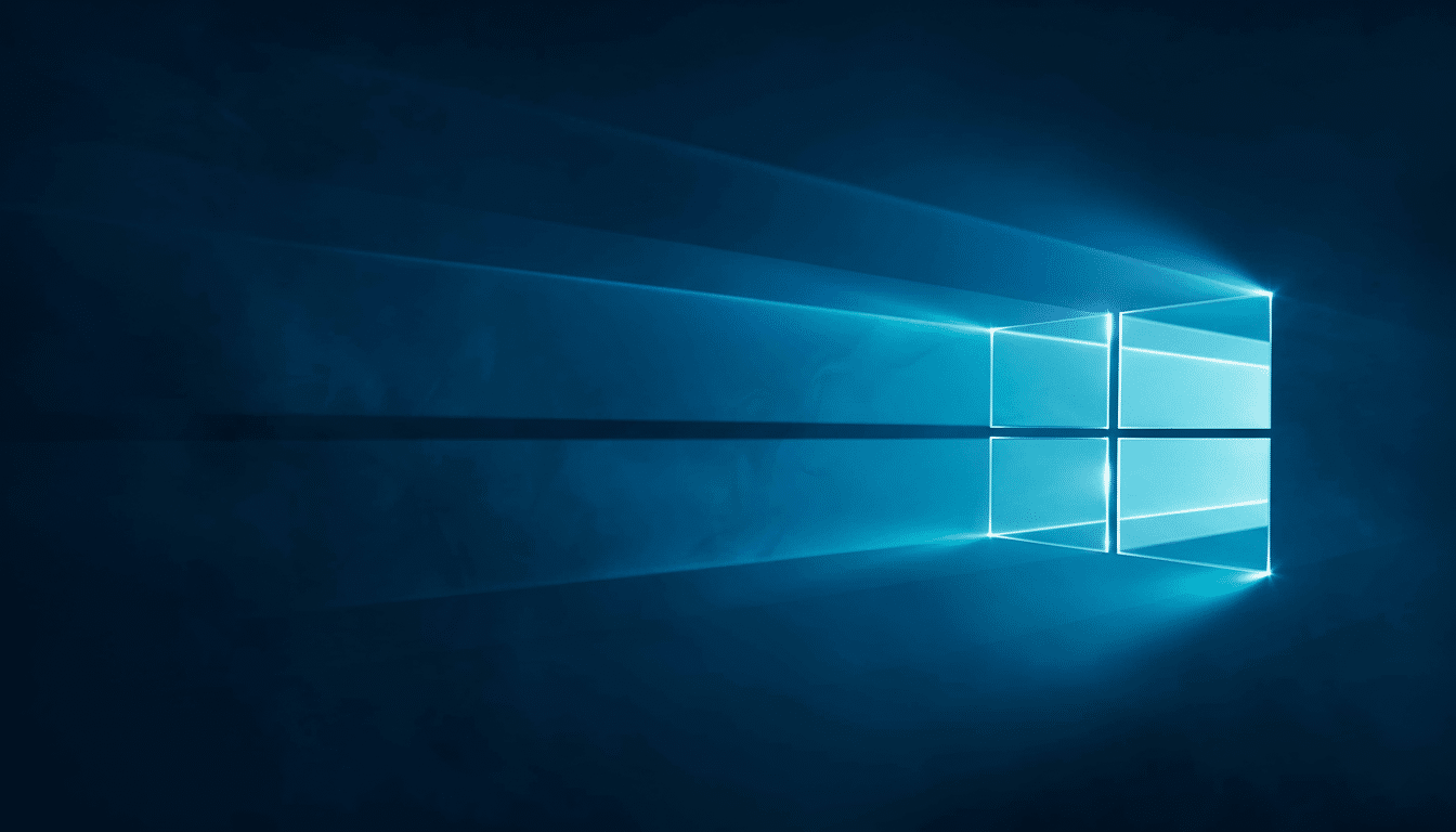alt text: The Windows 10 logo, a four-pane window icon glowing bright blue against a dark blue, s