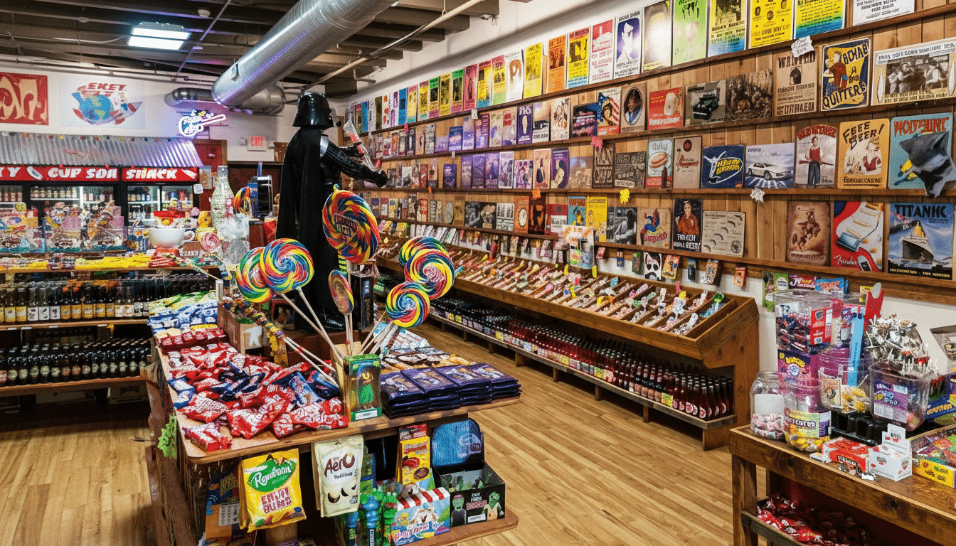 An interior view of a vibrant candy store with a wide variety of sweets , drinks , and novelty items displayed on wooden shelves and tables . A life -sized Darth Vader statue stands prominently near large l ollipops, and the walls are adorned with an array of retro posters and advertisements.