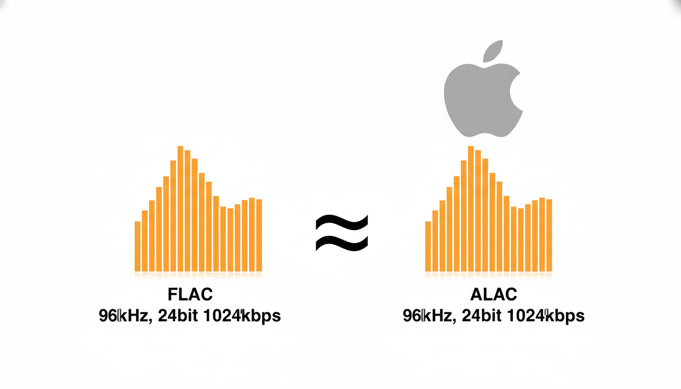 A comparison graphic showing two orange audio waveform bars, one labeled FLAC and the other ALAC with an Apple logo above it, both indicating identica