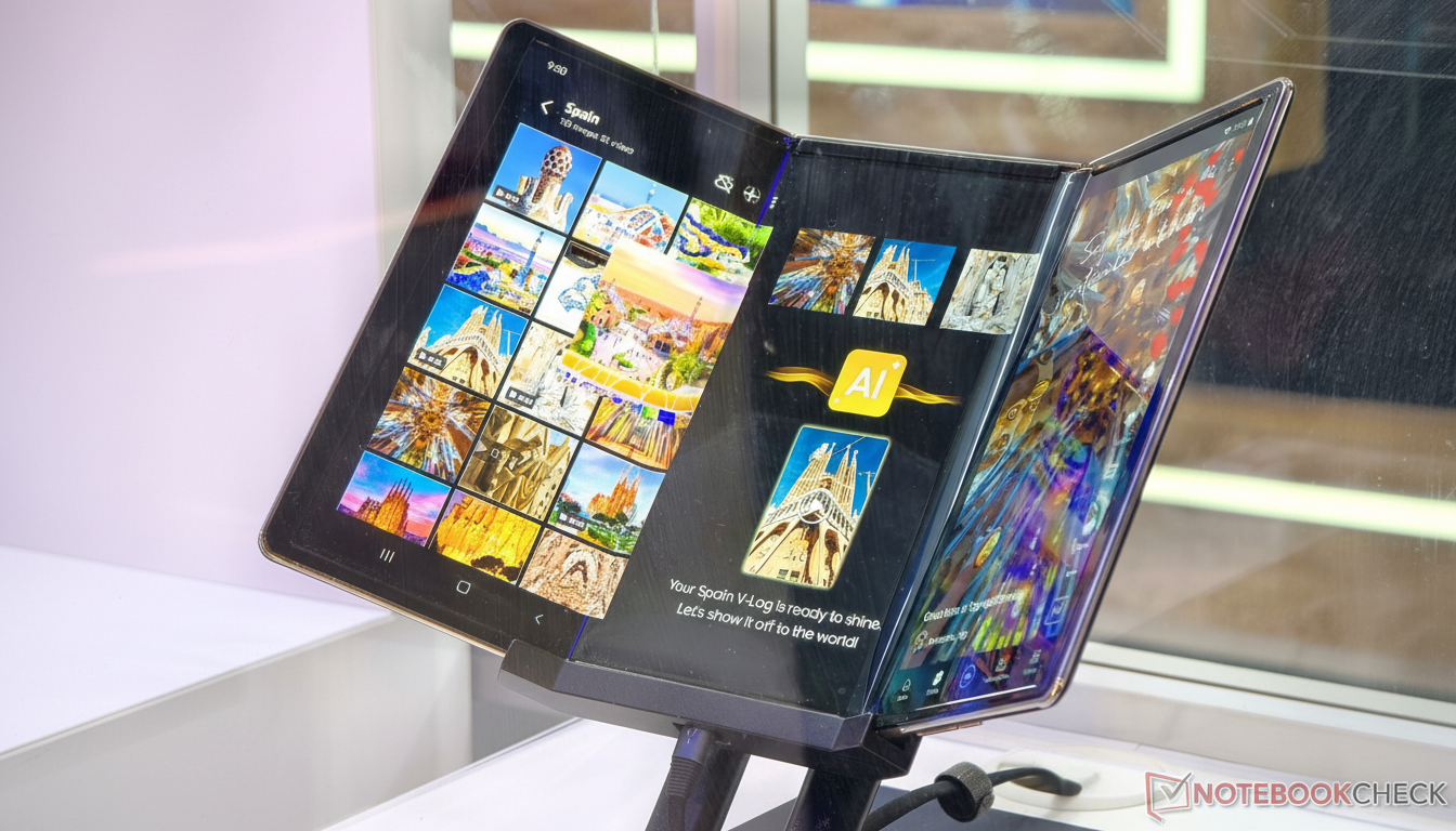 A foldable tablet displaying a photo gallery of Spain on one screen and an AI-generated image of the Sagrada Familia on the other, set against a blurred background.
