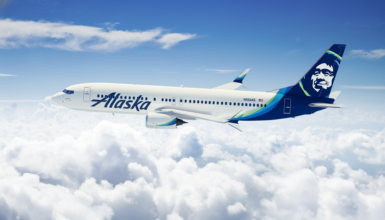 An Alaska Airlines Boeing 737 aircraft flying above the clouds under a blue sky.