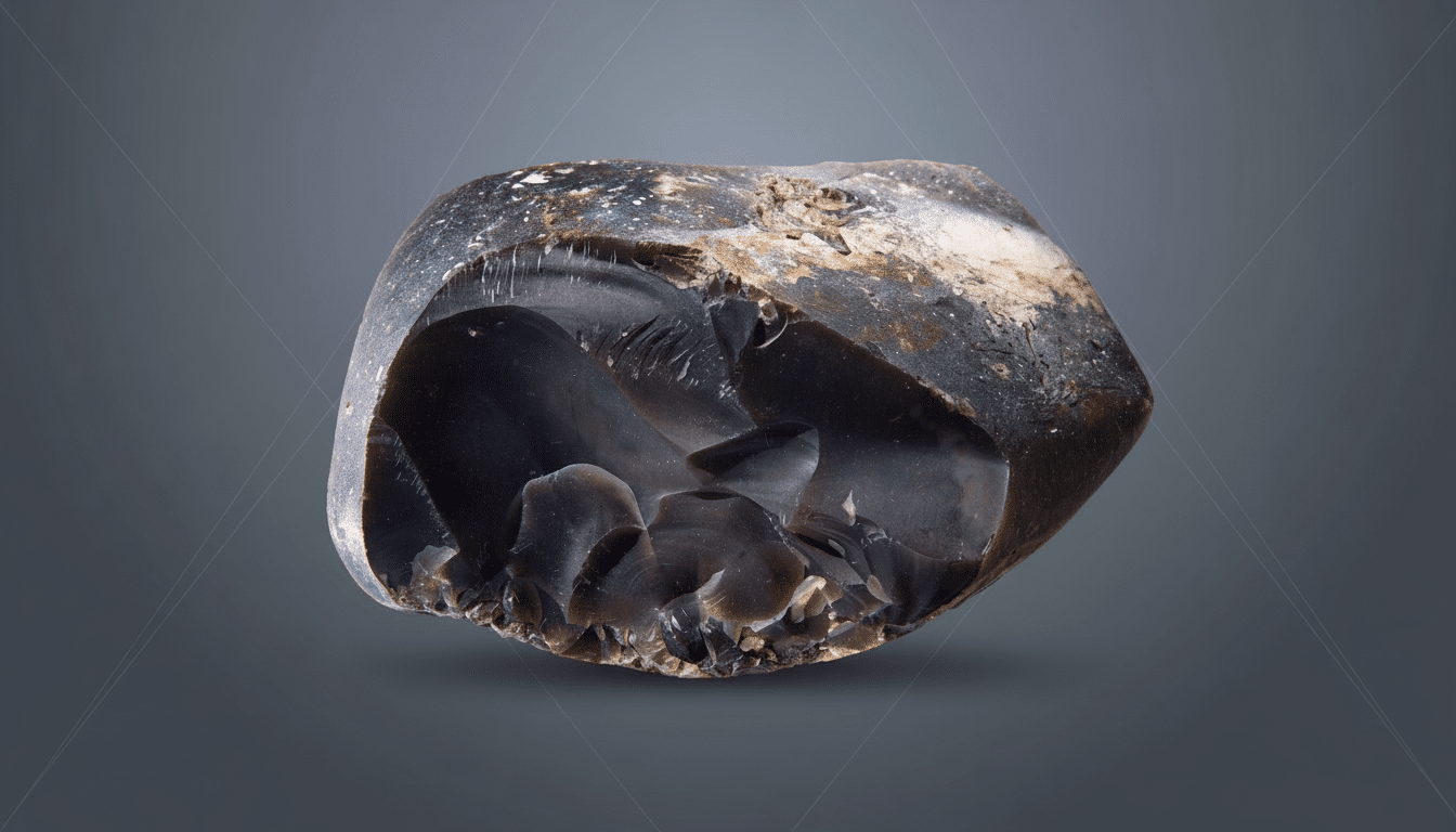 A dark, irregularly shaped flint stone with sharp edges and rough patches , centrally placed on a flat dark gray background with subtle geometric patterns.