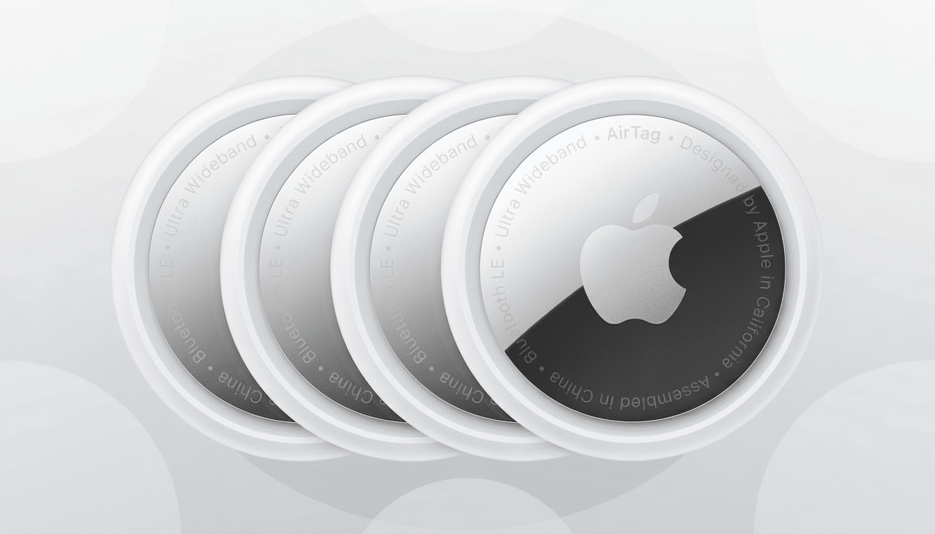 Four Apple AirTags, with the front one predominantly white and black , while the three behind it are mostly white, all arranged in a slight diagonal on a clean , professional grey background with a subtle gradient and soft circular patterns. Filename : apple airtags professionalbackground. png