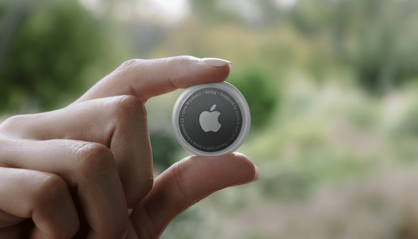 A hand holding an Apple Air Tag, showing the device' s details and the Apple logo . The background is a blurred outdoor scene with greenery .