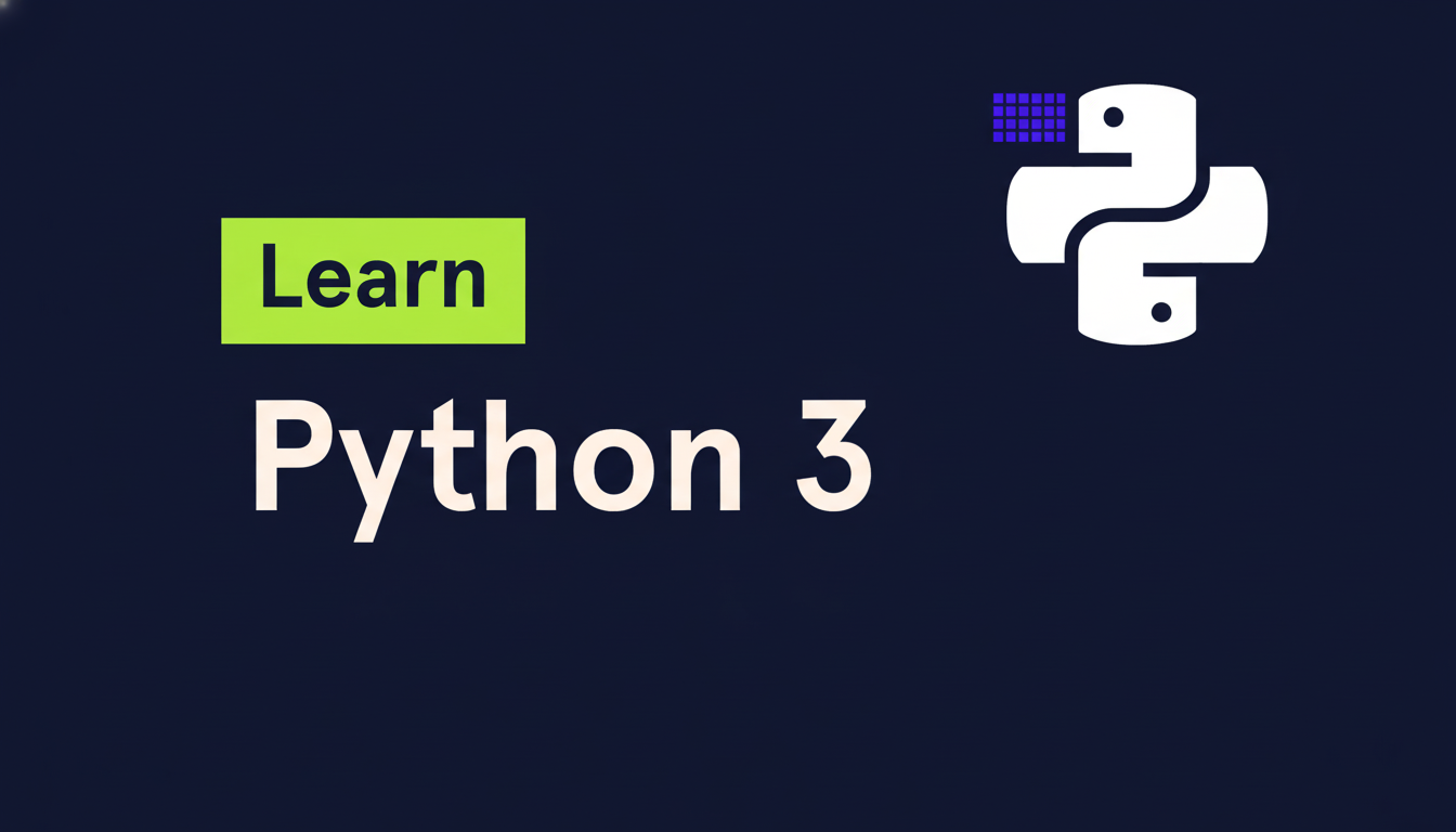 A dark blue background with Learn Python 3 in white text, and a green rectangle behind Learn. In the top right corner is the white Python logo with a purple pixelated pattern above it.