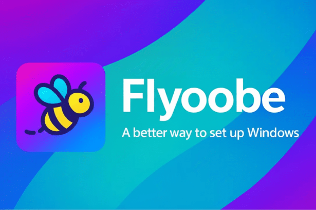The Flyoobe logo, a cartoon bee in a purple and pink app icon, next to the word Flyoobe and the slogan A better way to set up Windows on a vibrant pur